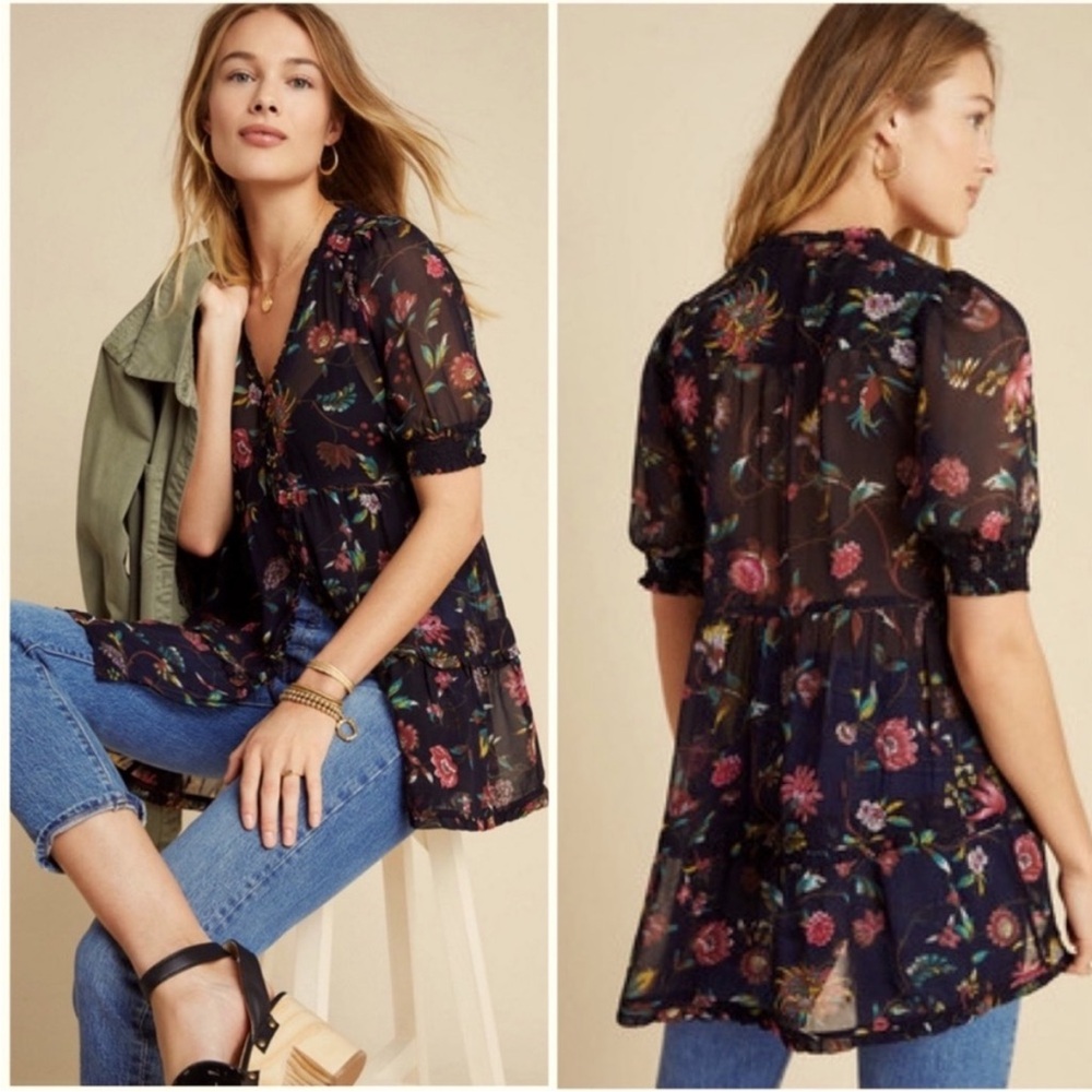 Anthropologie Salzburg boho cottagecore black floral sheer blouse tunic …